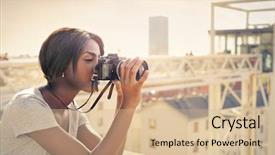  Presentation with tourist - Cool new PPT layouts with old bridge - tourist taking a picture backdrop and a coral colored foreground