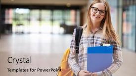  Presentation with female college student for health check up - Theme having old buildings - portrait of female student standing background and a mint green colored foreground