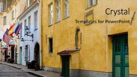  Presentation with city street - Amazing PPT theme having old buildings - street view of downtown backdrop and a yellow colored foreground