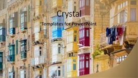  Presentation with indian historical art - PPT layouts having old buildings - street with colorful balconies background and a coral colored foreground