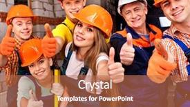  Presentation with community service happy volunteer group - PPT theme featuring old buildings renovation - happy group people in builder background and a coral colored foreground