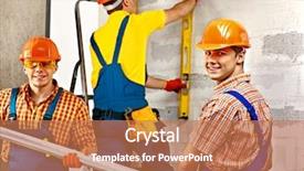  Presentation with builder - Cool new PPT theme with old buildings renovation - happy group people in builder backdrop and a coral colored foreground