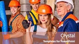  Presentation with group of diverse people - Theme enhanced with old buildings renovation - happy group people in builder background and a coral colored foreground