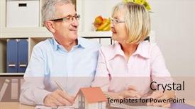  Presentation with mortgage - Amazing presentation having old buildings renovation - happy senior couple planning mortgage backdrop and a coral colored foreground