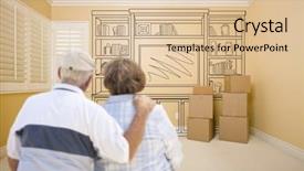  Presentation with active seniors senior couple - Presentation theme featuring old buildings renovation - hugging senior couple in empty background and a lemonade colored foreground