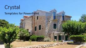  Presentation with stepping stone - PPT theme featuring old buildings renovation - stone houses island zlarin croatia background and a light blue colored foreground