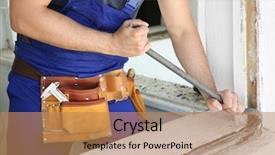  Presentation with renovation - Slide deck with old buildings renovation - worker repairing window in flat background and a coral colored foreground