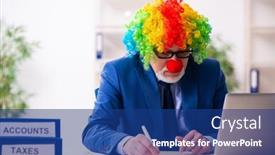  Presentation with clown - Presentation theme featuring old-businessman-clown-working background and a ocean colored foreground