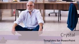  Presentation with employee - PPT theme enhanced with old-businessman-employee-doing-sport background and a light gray colored foreground