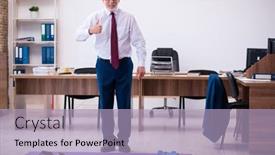  Presentation with employee - Cool new PPT theme with old-businessman-employee-doing-sport backdrop and a light blue colored foreground
