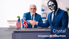  Presentation with devil - Beautiful presentation theme featuring old-businessman-employee-getting-deal backdrop and a navy blue colored foreground