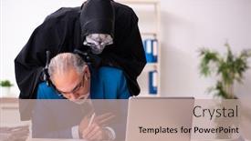  Presentation with employee - Presentation with old-businessman-employee-getting-deal background and a coral colored foreground