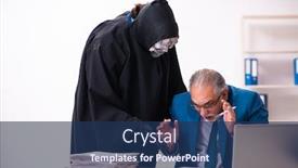  Presentation with employee - Colorful presentation theme enhanced with old-businessman-employee-getting-deal backdrop and a ocean colored foreground