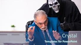  Presentation with employee - Slide set having old-businessman-employee-getting-deal background and a ocean colored foreground