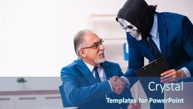  Presentation with devil - Slide deck enhanced with old-businessman-employee-getting-deal background and a ocean colored foreground