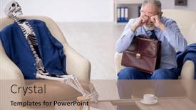  Presentation with skeleton - PPT theme consisting of old-businessman-meeting-with-skeleton and a coral colored foreground