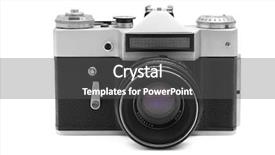  Presentation with camera - Colorful presentation theme enhanced with old camera isolated over white backdrop and a dark gray colored foreground