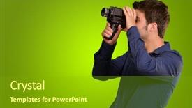  Presentation with old young - Cool new PPT theme with old camera on green background backdrop and a shamrock green colored foreground