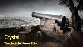  Presentation with defending - Audience pleasing theme consisting of old cannon defending the city backdrop and a wine colored foreground