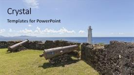  Presentation with fort - Slides featuring old cannons and lighthouse background and a light blue colored foreground