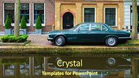  Presentation with old car - Colorful PPT layouts enhanced with old-car-on-canal-embankment backdrop and a tawny brown colored foreground