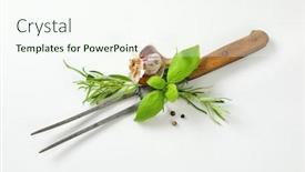  Presentation with culinary - Beautiful slides featuring old-carving-meat-fork-fresh backdrop and a sky blue colored foreground