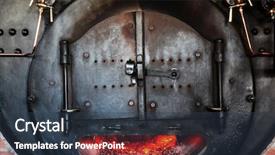  Presentation with flames - PPT layouts with old cast iron oven with flames viewable through the window background and a tawny brown colored foreground