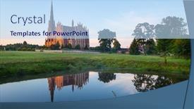  Presentation with catholic old - Presentation design enhanced with old-catholic-church-in-hierviaty background and a sky blue colored foreground