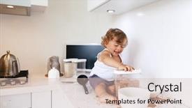  Presentation with kitchen utensils - Cool new slide deck with old child playing with food backdrop and a soft green colored foreground
