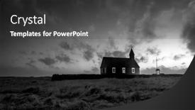  Presentation with remote - Colorful PPT layouts enhanced with old-church-in-a-remote backdrop and a dark gray colored foreground