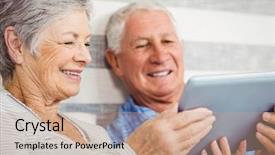  Presentation with active seniors senior couple - PPT theme consisting of old citizens - senior couple smiling while using background and a coral colored foreground