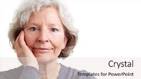  Presentation with camera - Slide deck featuring old citizens - serious senior woman looking background and a sky blue colored foreground