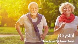  Presentation with seniors - Beautiful PPT theme featuring old citizens - two active happy seniors running backdrop and a coral colored foreground