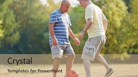  Presentation with soccer - Amazing slide set having old citizens - two senior friends playing soccer backdrop and a coral colored foreground