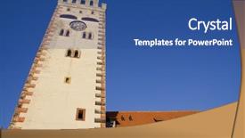  Presentation with tower - PPT theme enhanced with rapunzel castle - old clock tower on blue background and a ocean colored foreground