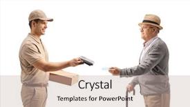  Presentation with international trade payment - Presentation having old commercials - delivery man holding a package background and a soft green colored foreground