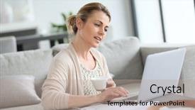  Presentation with free aging at home - Amazing presentation design having old computer - middle-aged woman working from home backdrop and a  colored foreground