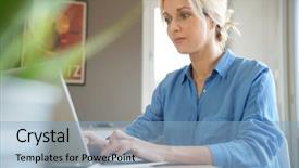  Presentation with blue - Theme consisting of old computer - portrait of blond woman background and a  colored foreground