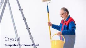  Presentation with home renovation - Slide set consisting of old contractor doing renovation at home background and a sky blue colored foreground