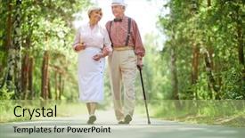  Presentation with walk - Audience pleasing slide deck consisting of old couple - happy seniors taking a walk backdrop and a mint green colored foreground
