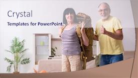  Presentation with old couple - Beautiful presentation design featuring old couple preparing for vacation travel backdrop and a sky blue colored foreground