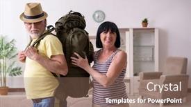  Presentation with old couple - Slide set having old couple preparing for vacation travel background and a violet colored foreground