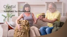  Presentation with old couple - Presentation design featuring old couple preparing for vacation travel background and a soft green colored foreground