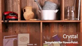  Presentation with old wooden door antique - Theme enhanced with old design - wooden shelves with antiques things background and a tawny brown colored foreground