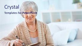  Presentation with notepad - Slide deck featuring old diary - portrait of aged female background and a sky blue colored foreground