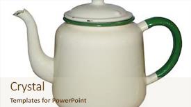  Presentation with enamel - Cool new presentation theme with old enamel teapot isolated with clipping path backdrop and a soft green colored foreground