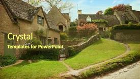  Presentation with england - Colorful PPT theme enhanced with farmhouse - bibury cotswold stone cottages backdrop and a tawny brown colored foreground