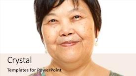  Presentation with 60s - Slide set featuring old faces - happy 60s senior asian woman background and a coral colored foreground