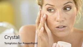  Presentation with aged - Slides enhanced with old faces - middle-aged blond woman putting cosmetics background and a coral colored foreground