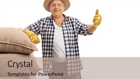  Presentation with old farm - PPT layouts enhanced with old farmer leaning on burlap background and a coral colored foreground